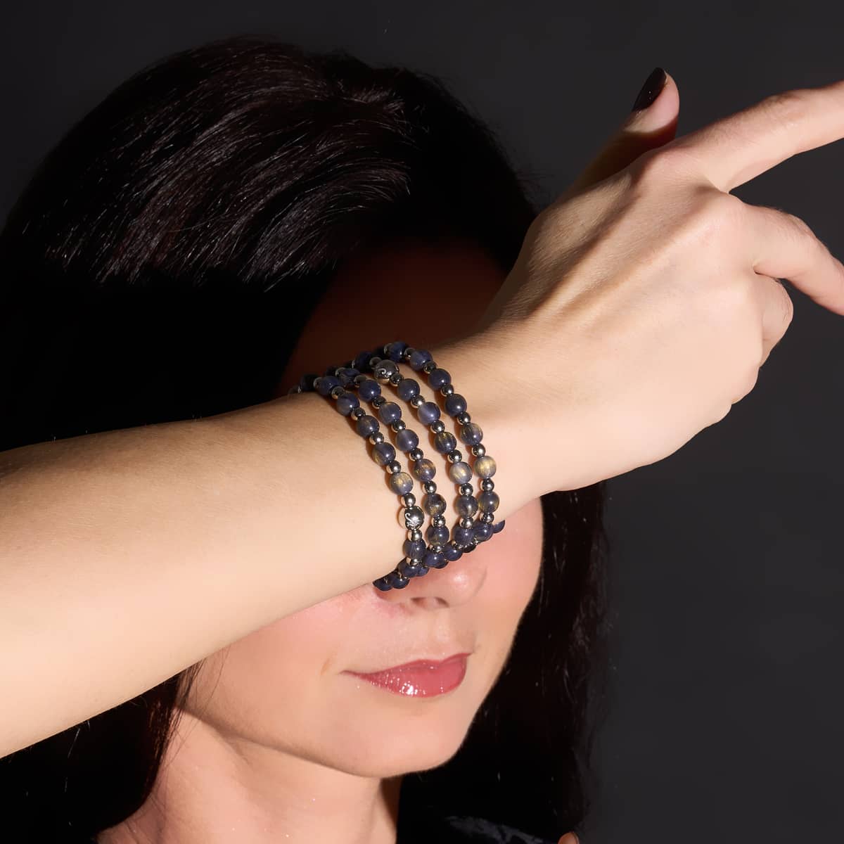 Chocolate Granite Dreamscape Opal Wrap with 6mm iridescent beads wrapped four times on wrist with silver accents by NOGU
